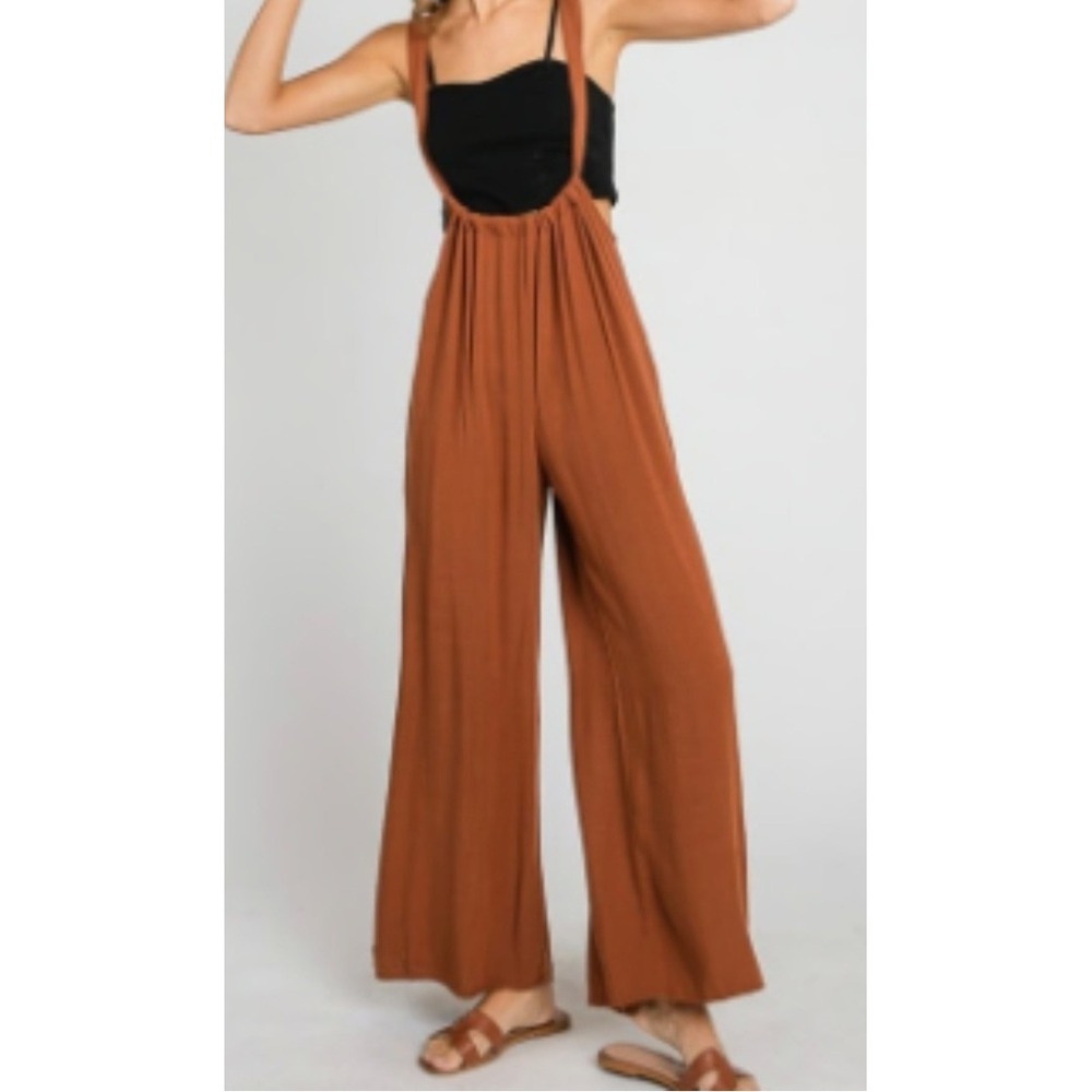 Zenana Rust Tie Back Suspender Jumpsuit Wide Leg Pockets Boho Oversized Medium - Picture 1 of 11